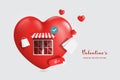 red heart shaped store or shop,shopping bags,order confirmation icon,buy button floating in air Royalty Free Stock Photo