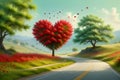 Red heart-shaped tree by the road. Valentine background. Love. Valentine's Day greeting card Royalty Free Stock Photo