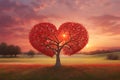 Red heart shaped tree at sunset. Beautiful landscape with flower Royalty Free Stock Photo