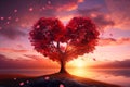 Red heart shaped tree at sunset By Generative Ai Royalty Free Stock Photo