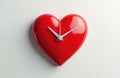 Red heart shaped wall clock hangs on white background. Modern clock with glossy finish and simple hands indicates time. Ideal for Royalty Free Stock Photo