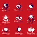 Red heart shapes made using ecg charts and caring hands. Set of cardiovascular system diseases remedy conceptual vector logotypes Royalty Free Stock Photo