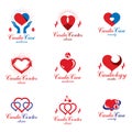 Red heart shapes made using ecg charts and caring hands. Set of cardiovascular system diseases remedy conceptual vector logotypes Royalty Free Stock Photo