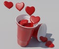 red heart shapes with standing and falling red cups 3d rendering Royalty Free Stock Photo