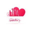 Red heart and silhouette of Seattle city, paper stickers.