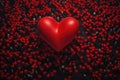 A red heart sits amidst a vibrant arrangement of red flowers, portraying a powerful symbol of love and beauty, View from above - a