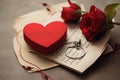 A red heart sits on top of a piece of paper next to a beautiful rose, symbolizing love and beauty, Small, heart-shaped gift box Royalty Free Stock Photo