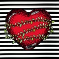 Red heart sketch with climbing plant around on pop art on black striped background