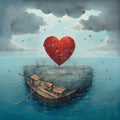 Red heart on a small island with a marina around the clouds water flying seagulls. Heart as a symboaffection and love Royalty Free Stock Photo