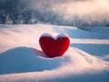 A red heart on the snow. The concept of lost love, betrayal, coldness of feelings. AI generation