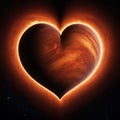 A bright orange planet in the shape of a heart in the universe.