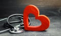 Red heart and stethoscope. The concept of medicine and health insurance, family, life. Ambulance. Cardiology Healthcare. Royalty Free Stock Photo