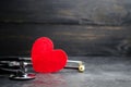 Red heart and stethoscope. The concept of medicine and health insurance, family, life. Ambulance. Cardiology Healthcare. Royalty Free Stock Photo