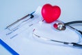 Red heart stethoscope and doctor`s prescription, health examination concept, health insurance, health, self-care, as the doctor