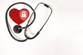 Red heart with Stethoscope and glowing silhouette of the castle ,a safety measure on white background texture. World health day, Royalty Free Stock Photo