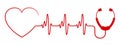 Red heart with stethoscope, pulse one line, cardiogram sign, heartbeat - vector