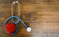 Red heart on stethoscope on wooden background , Copy space top view / Check the heart medical for doctor is the patient pulse Royalty Free Stock Photo