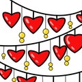 Red Heart String Lights Pattern. Romantic Hanging Heart Decor on White Background Royalty Free Stock Photo