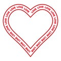 Red heart text word love, vector frame for lovers on a wedding heart with love on the contour