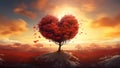 red heart tree in the middle of the field, Stunning View of Trees and Nubes on the Background. Generative AI