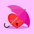 Red heart under pink umbrella. Love heart health and peace protection. illustration