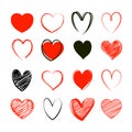 Red heart valentine symbol set. Love icon hand drawn isolated on white background