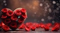 Red heart with water drops around flowers of red rose petals.Valentine\'s Day banner with space for own content. White Royalty Free Stock Photo