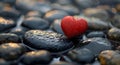 Red heart on wet black stones and water drops in the garden Royalty Free Stock Photo