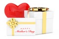 Red Heart, White Cardoard Gift Box, White Gift Card with Happy Mothers Day Sign and Golden Ribbon with Bow. 3d Rendering Royalty Free Stock Photo