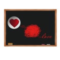 Red heart on white circle and text love on blackboard. Royalty Free Stock Photo