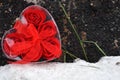 Red heart on white snow