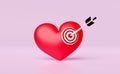 Red heart with white red target,darts or arrow isolated on pink pastel background.health love or world heart day,valentine`s day
