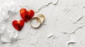 Red heart on a white wedding background with two golden rings created with Generative AI Royalty Free Stock Photo