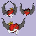 Red heart winged bat tattoo set crown2 Royalty Free Stock Photo