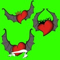 Red heart winged bat tattoo set flames Royalty Free Stock Photo