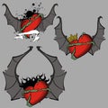 Red heart winged bat tattoo set flames2 Royalty Free Stock Photo