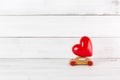 Red Heart on Wooden Toy Car on white wood background. Love Travel Concept with Copy Space Royalty Free Stock Photo