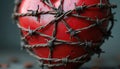 Red heart wrapped in barbed wire with sharp spikes represents difficult human experiences, broken heart, fears, oppression. Pain, Royalty Free Stock Photo