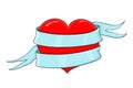 Red heart wrapped with blue ribbon banner. Colored doodle