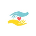 Red heart in yellow-blue hands. A symbol of Ukraine's struggle against Russian terrorism. Vector illustration in