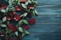 Red Hearts Amidst Green Foliage on Wooden Background, Valentine's Theme. GenerativeAI Royalty Free Stock Photo