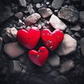 Red hearts on a background of gray stones