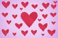 Red hearts background. Red hearts on pink purple backgrounds. Group of love shaped backgrounds. Red love symbol pattern