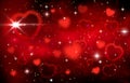 Red hearts on black background, LOVE, Valentine`s day, blurred bokeh background,starry sky, stars, night, glitter, glow, romance,