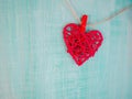 Red hearts on blue wooden background. Valentines day greeting card. Top view with copy space. Vintage Heart Royalty Free Stock Photo