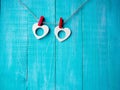 Red hearts on blue wooden background. Valentines day greeting card. Top view with copy space. Vintage Heart Royalty Free Stock Photo