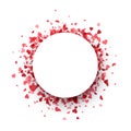 Red hearts confetti round empty frame