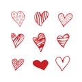 red hearts doodle set. Different shapes and patterns of hearts isolated on a white background. Valentine's Day Royalty Free Stock Photo