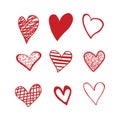 red hearts doodle set. Different shapes and patterns of hearts isolated on a white background. Valentine's Day Royalty Free Stock Photo