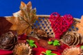 Red hearts, dried foliage and pine cone. Christmas decoration on blue background Royalty Free Stock Photo